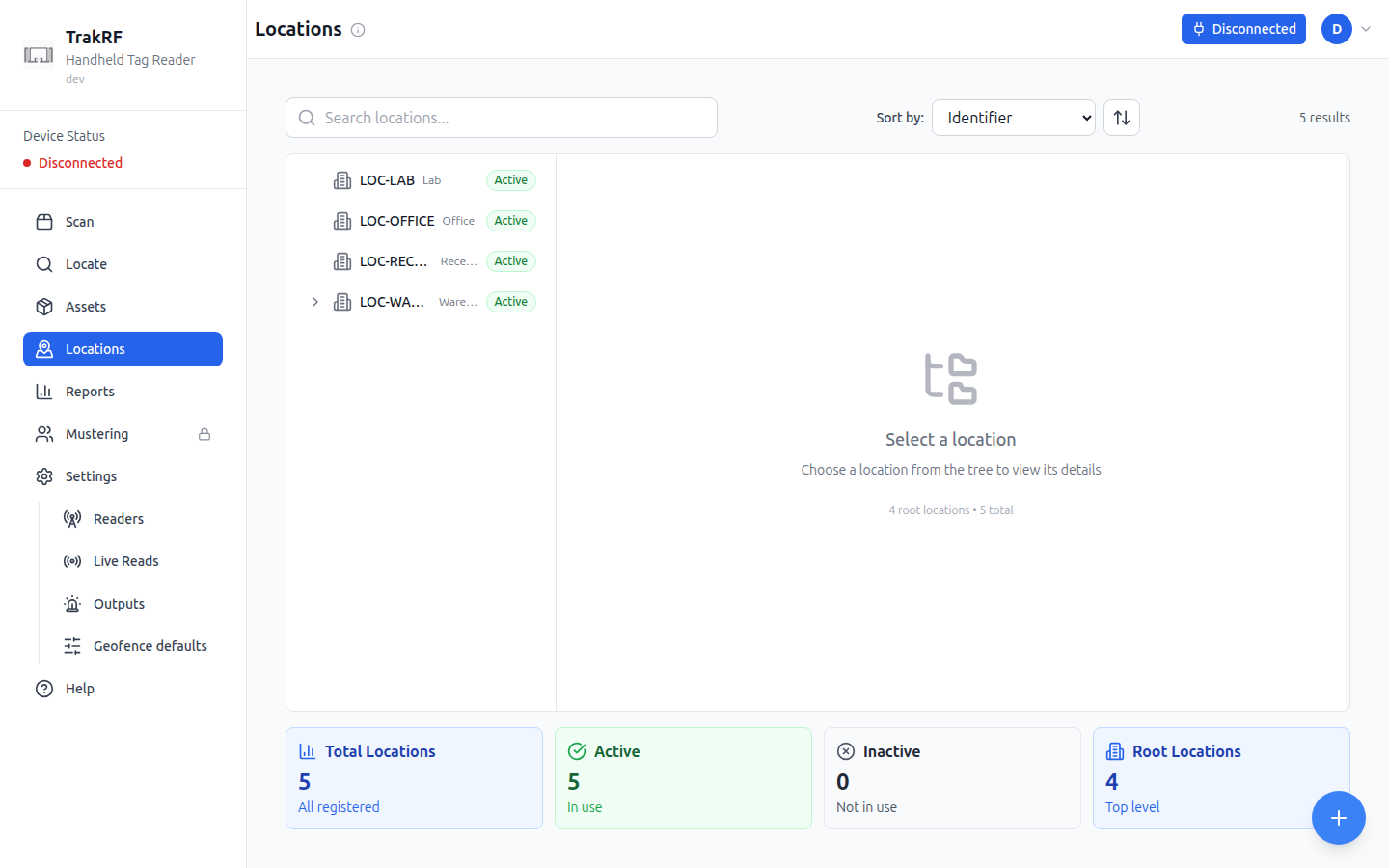 Populated Locations page — tree with multiple root nodes and active/inactive counts