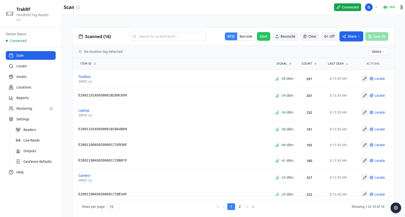 Scan mid-scan — 16 tags in the results list, a mix of recognized assets and raw EPCs, per-row signal and count